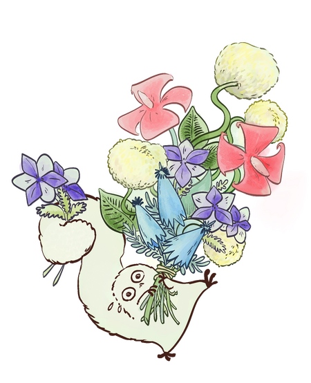 An illustration of a brushbug standing on its hind legs. It is holding flowers in its hands, too many, given that it looks like he is about to topple to the side.